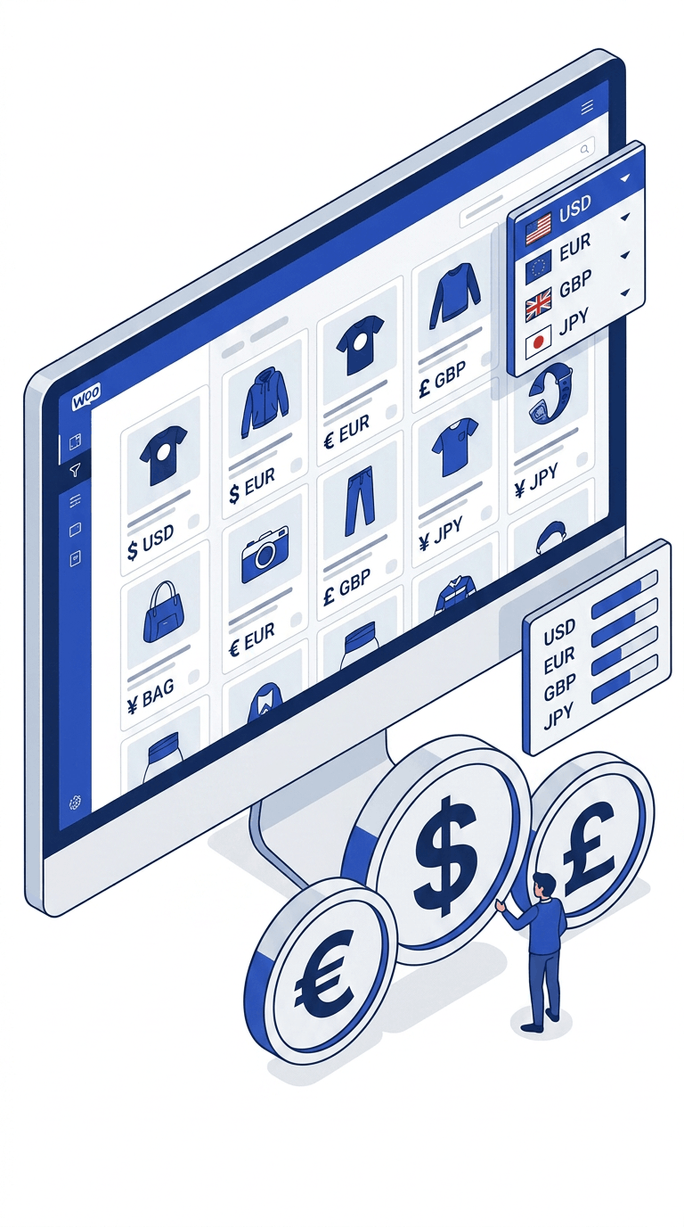 Selector de moneda FOX en una página de tienda WooCommerce